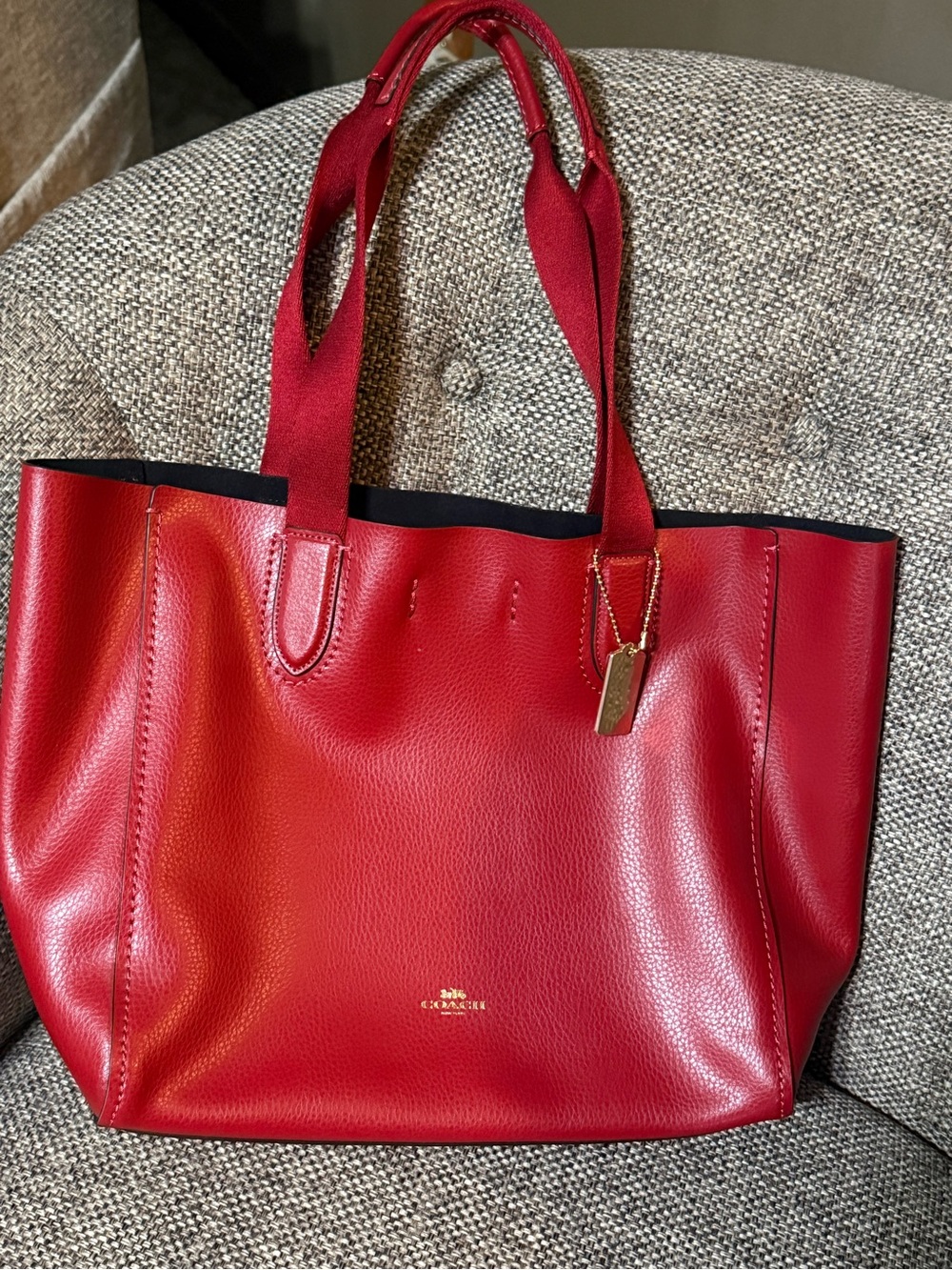 NWOT Coach Red Pebble Leather Derby Tote with Gold Tag